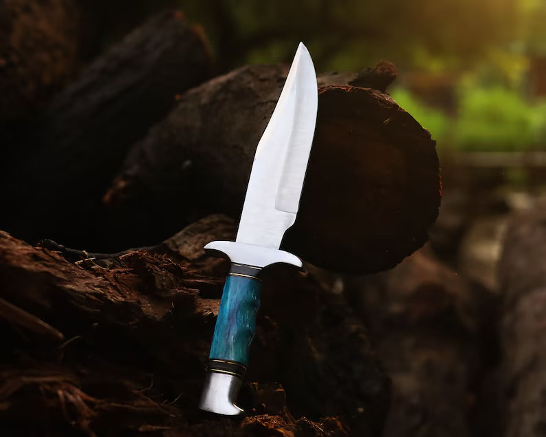 Custom Handmade J2 Steel Bowie Knife – 13-Inch Blade with Colorful Bone Handle & Steel Guard, Premium Leather Sheath Included