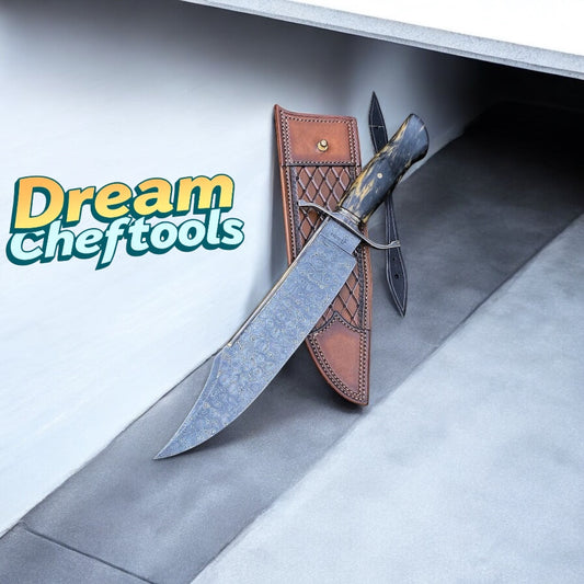 ✔ "Ironclad Huntsman Bowie Knife - Damascus Steel Blade with Resin Handle and Leather Sheath"