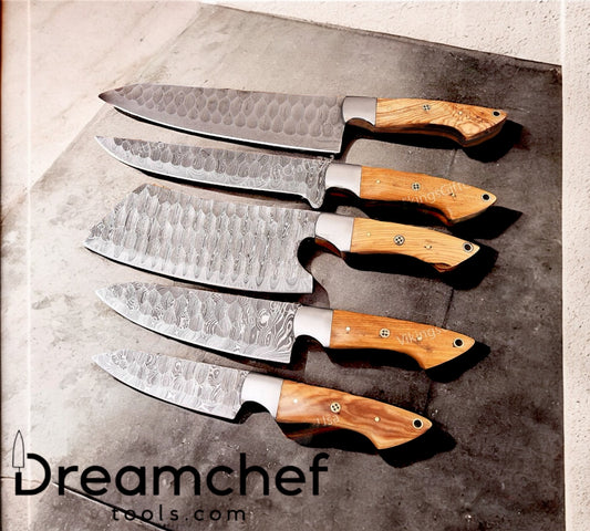 Kitchen Knives Damascus – 13” Handmade Chef Knife with Olive Wood Handle, Steel Bolster & Leather Sheath