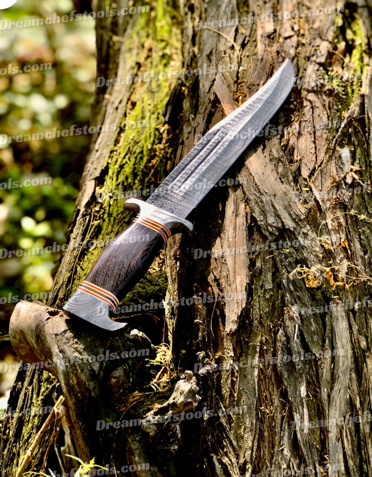Premium 15" Bowie Knife with a Damascus steel blade and colored bone handle, complete with leather sheath