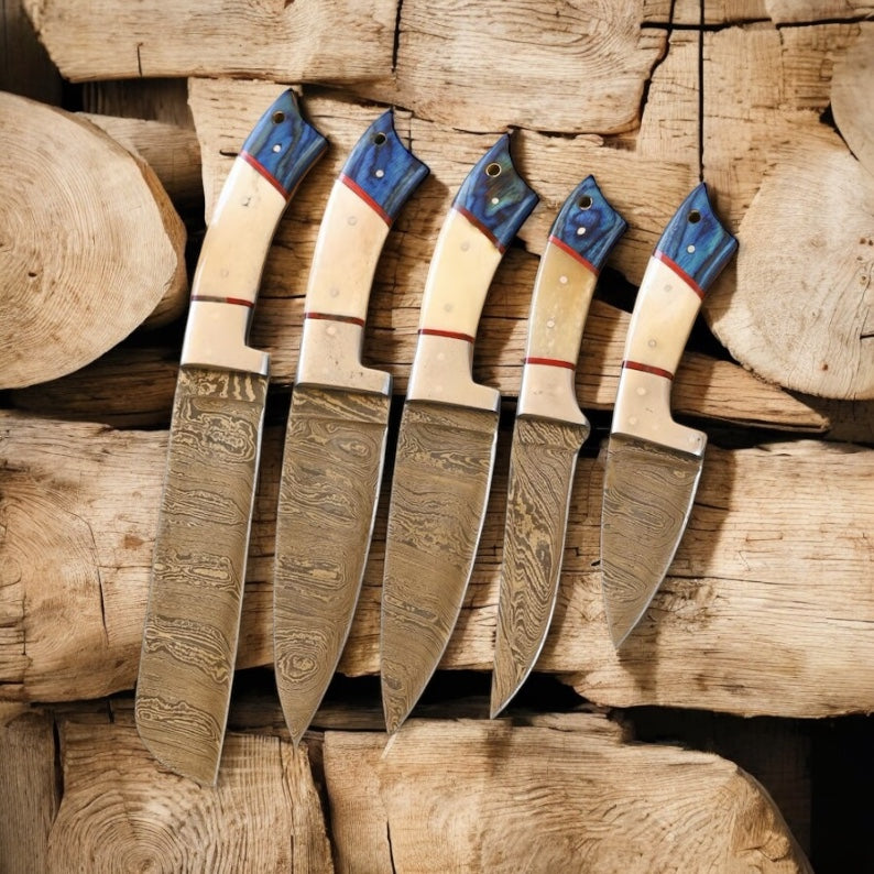 "Premium Damascus Kitchen Knife Set with Camel Bone Handle – Razor-Sharp Blades"