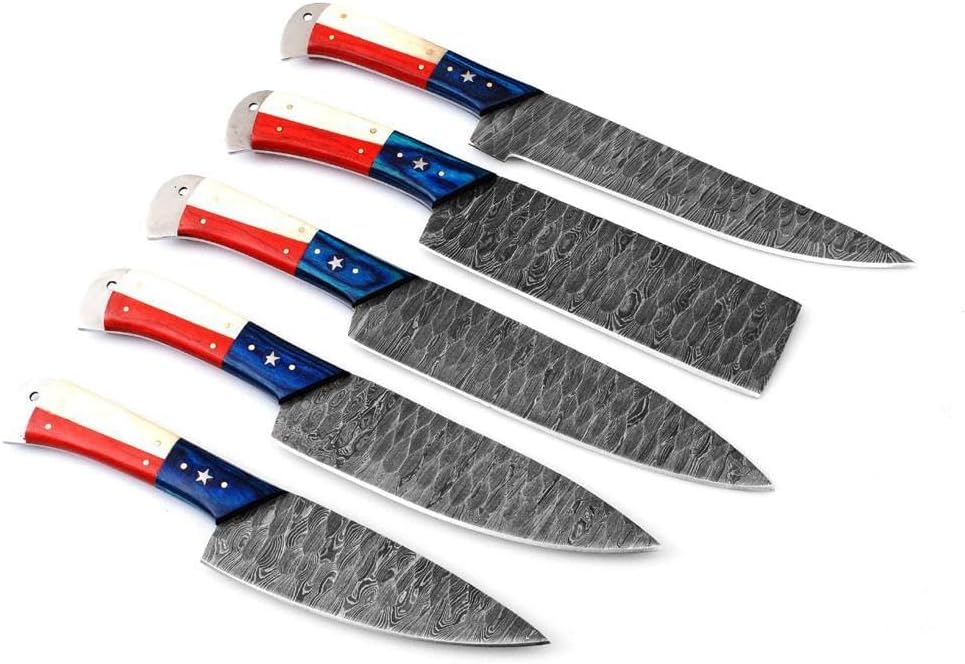 Premium Damascus knife set with 9-13 inch blades and custom Texas flag-style handles