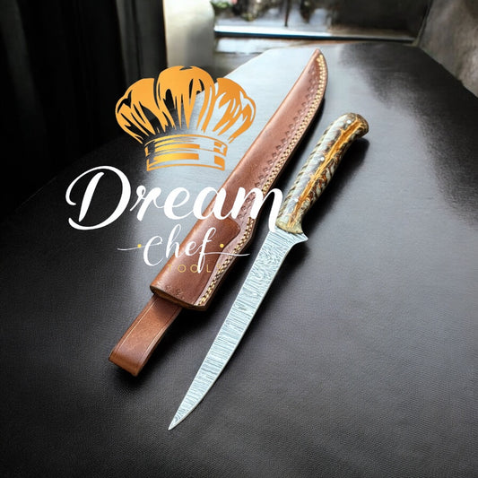 Fish Fillet Knives – 13" Damascus Steel with White Pine Cone Resin Handle and Leather Sheath