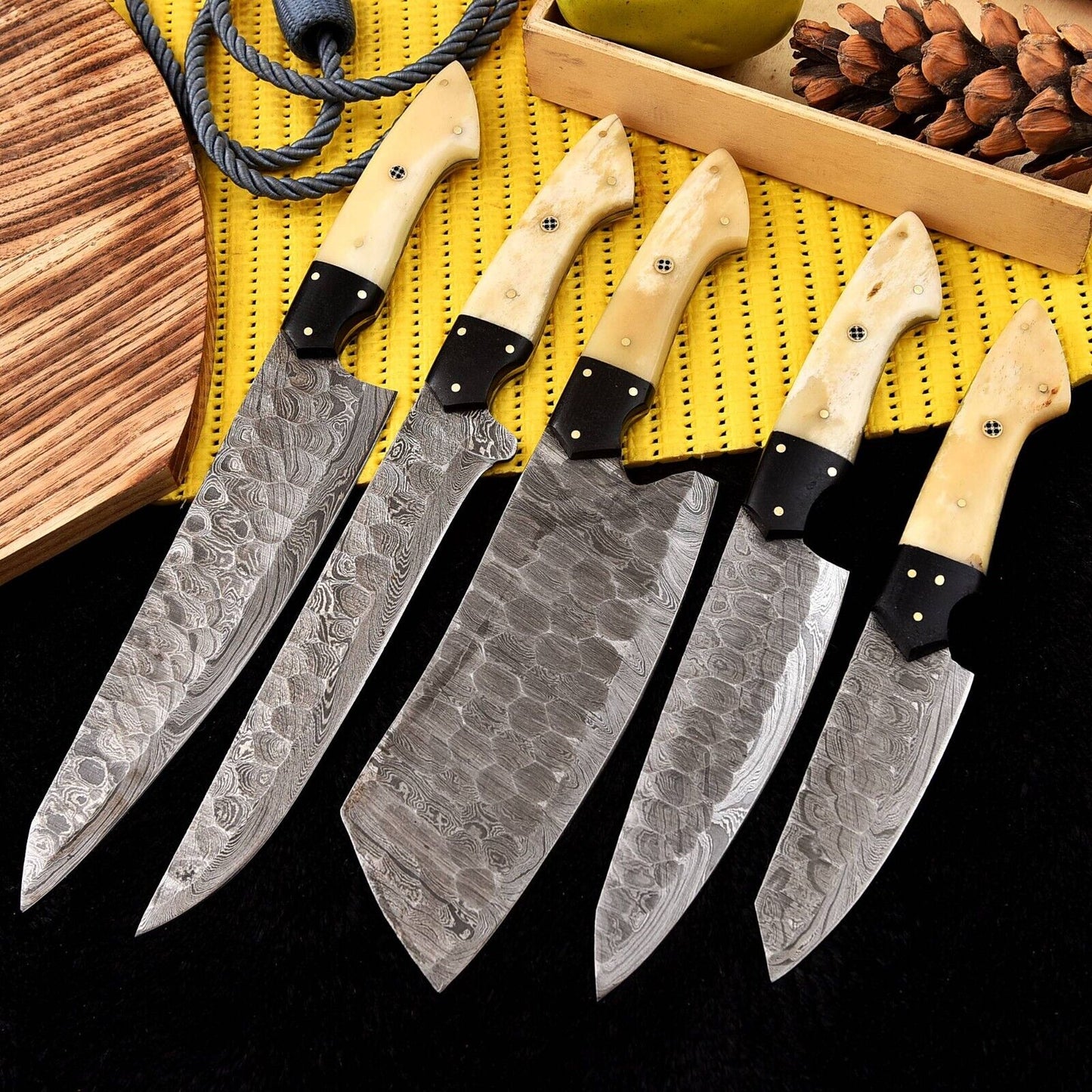 Premium Damascus steel kitchen knife set with unique camel bone and resin handles, ideal for chefs and cooking enthusiasts, offering strength and durability