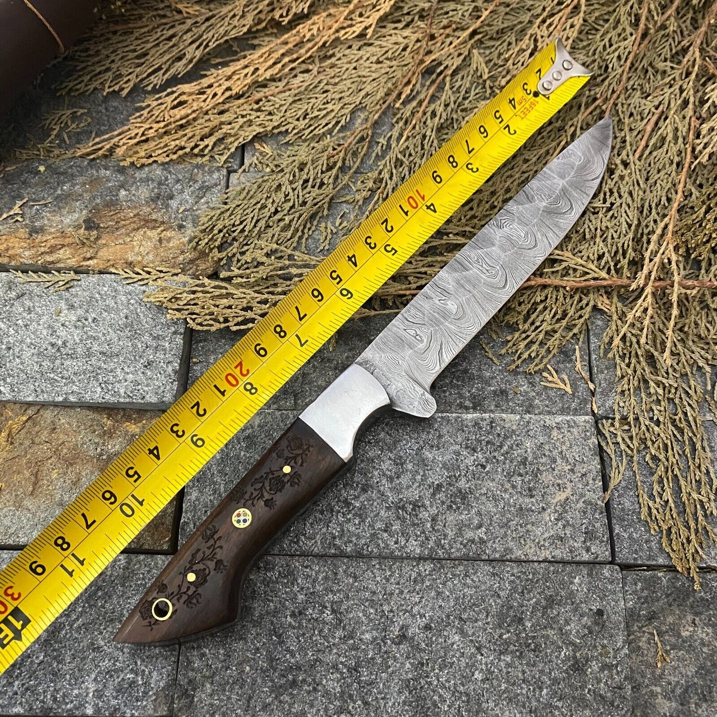 Premium Damascus steel knife set with custom handmade rosewood handles and blade lengths from 9” to 13