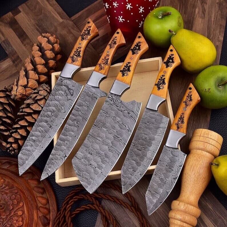 Premium Damascus steel knife set with engraved rosewood handles and steel bolsters, blade sizes ranging from 9 to 13 inches