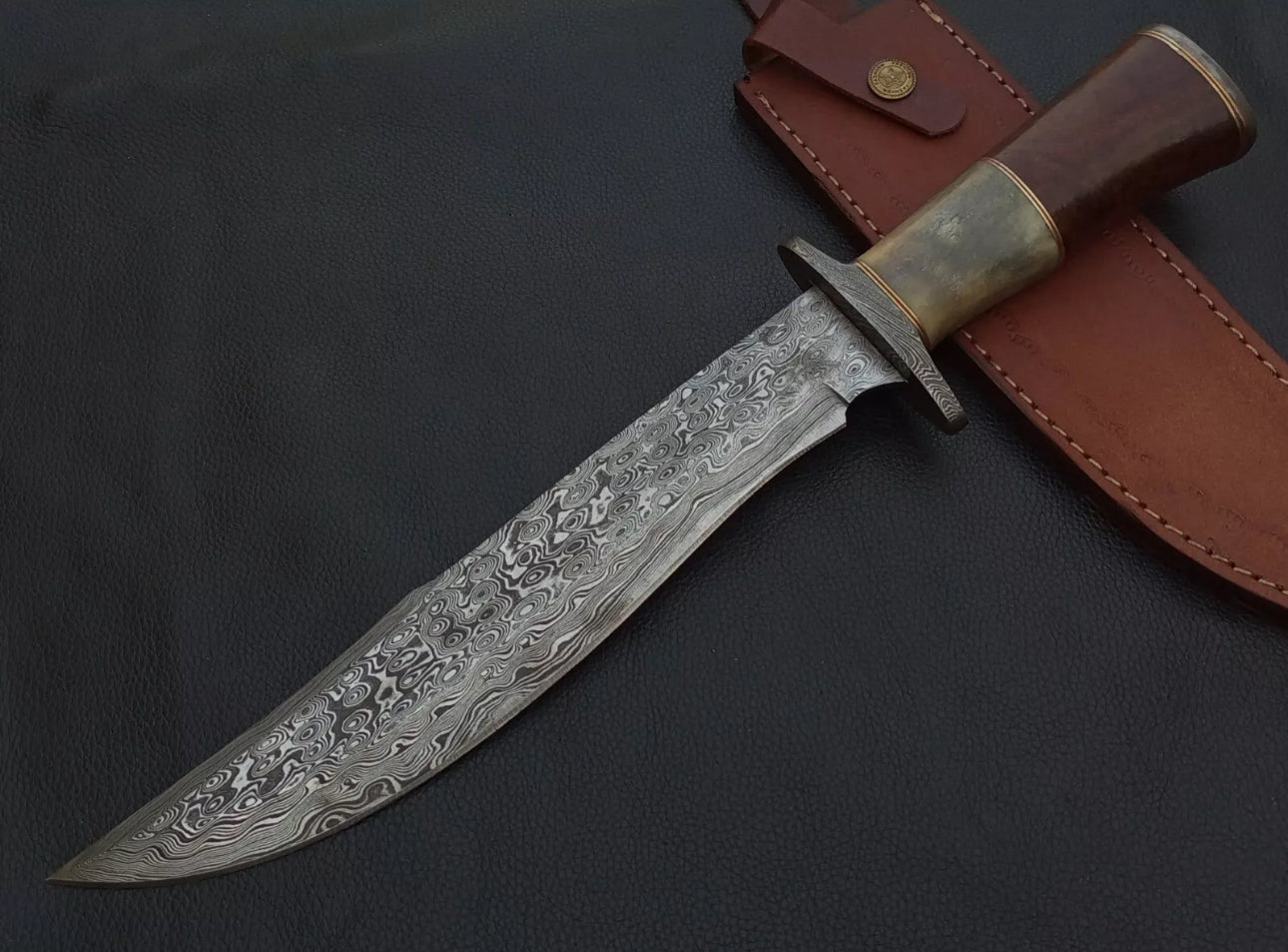 "Premium Handmade Bowie Knife with Color Bone Handle, Damascus Steel Guard, and Leather Sheath.