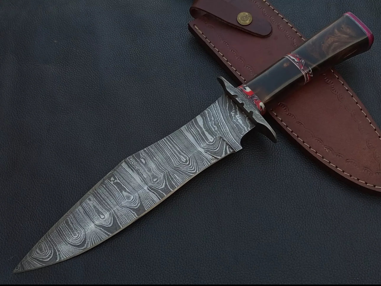 "Premium Handmade Bowie Knife with Rosewood Handle, Damascus Steel Guard, and Leather Sheath."