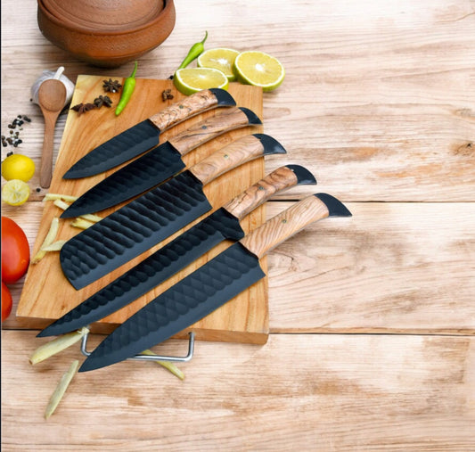 "Professional Chef Knife Set with Forged Stainless Steel Blades and Olive Wood Handles"