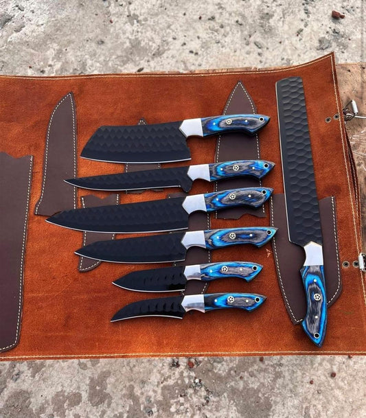 "Professional Custom Knife Set for Chefs with Stainless Steel Blades and Leather Case" (Includes key materials and use case)