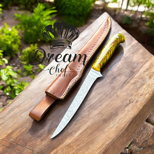 Boning Knife – 13" Damascus Steel Blade with Yellow Cone Resin Handle & Leather Sheath