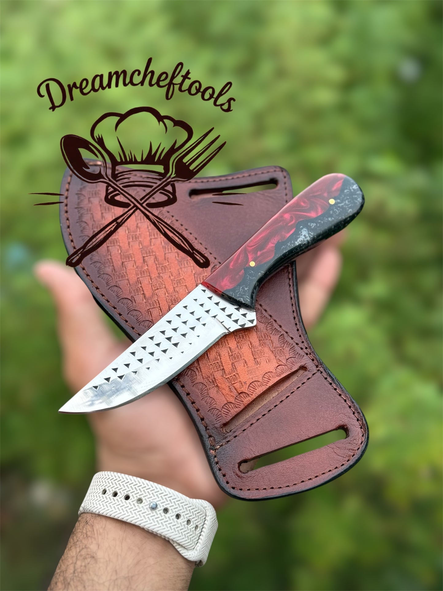 Ranch Cowboy Knife and Sheath – 8" Rasp Tool Steel Blade with Bloodline Resin Handle