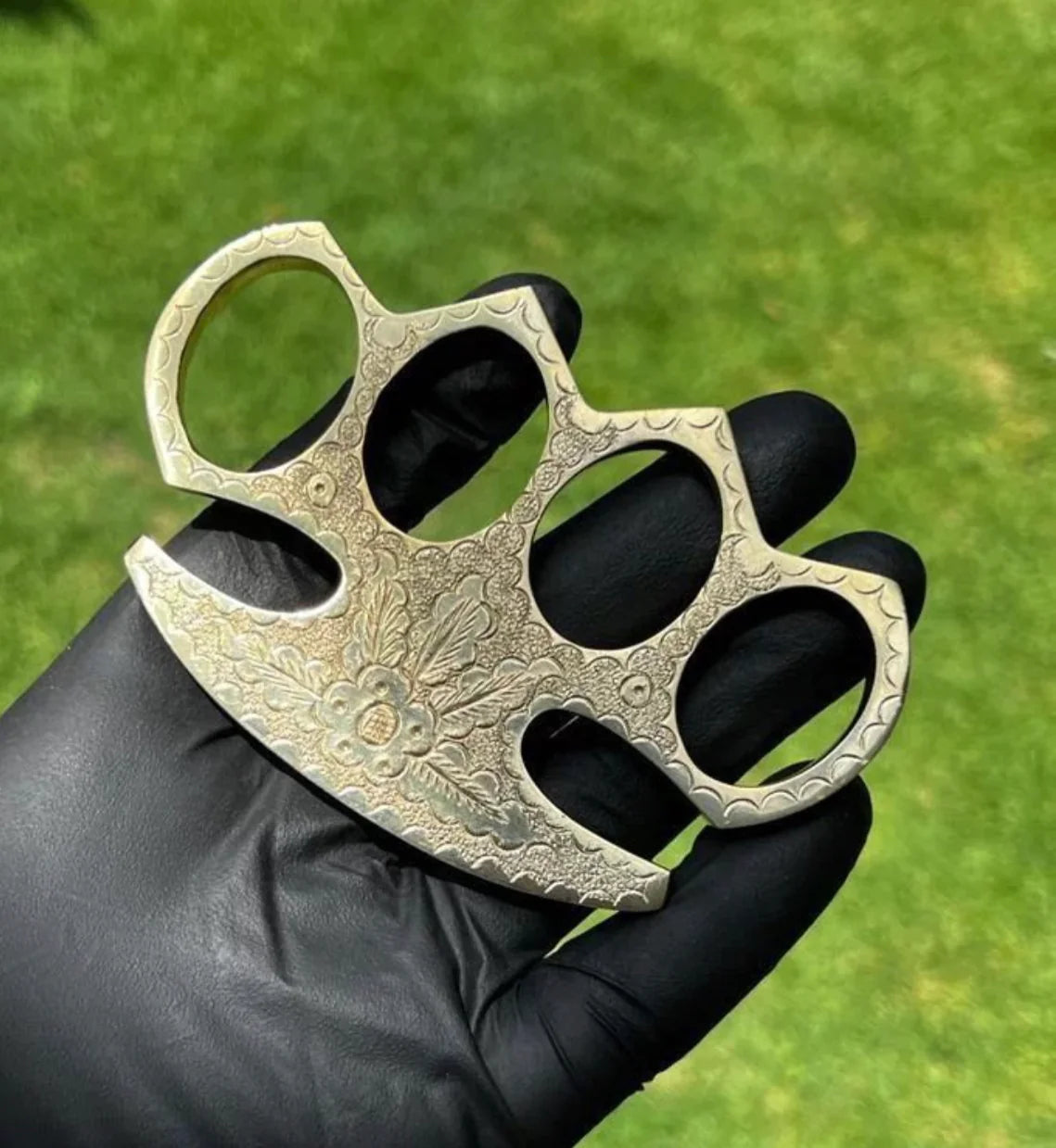 Solid Brass Knuckle with Intricate Engraving and Leather Carry Case