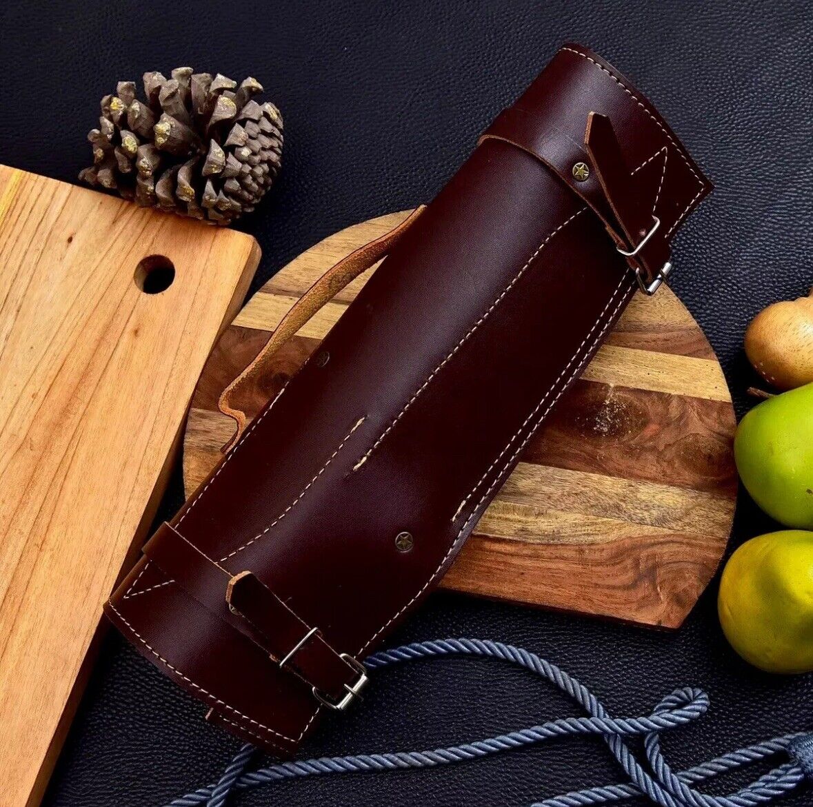 Stunning custom handmade Damascus steel knife set with 9 to 13-inch blades, showcasing the intricate patterns of the steel and luxurious buffalo horn handles