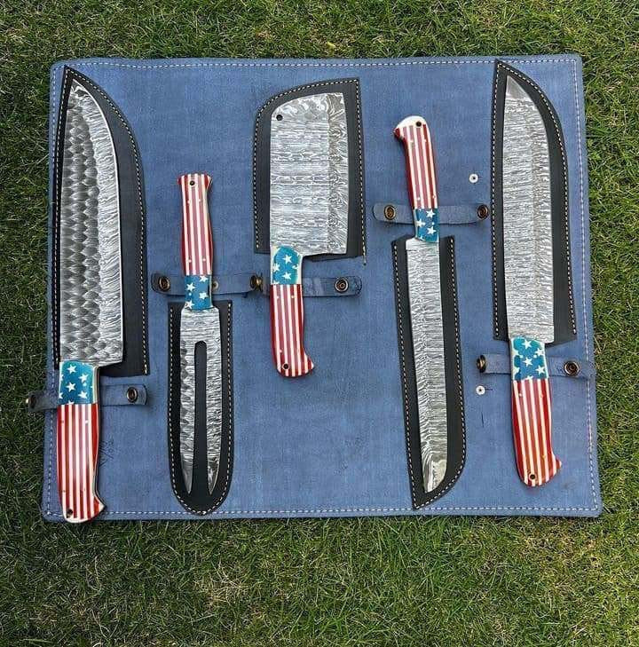 "Texas flag Damascus steel knife set with forged stainless steel blades"