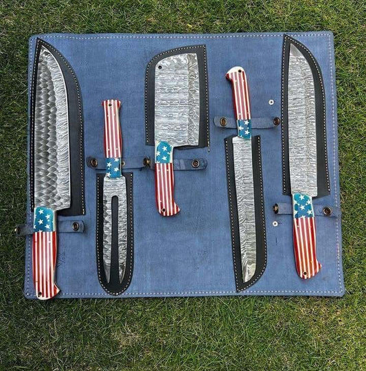 "Texas flag Damascus steel knife set with forged stainless steel blades"