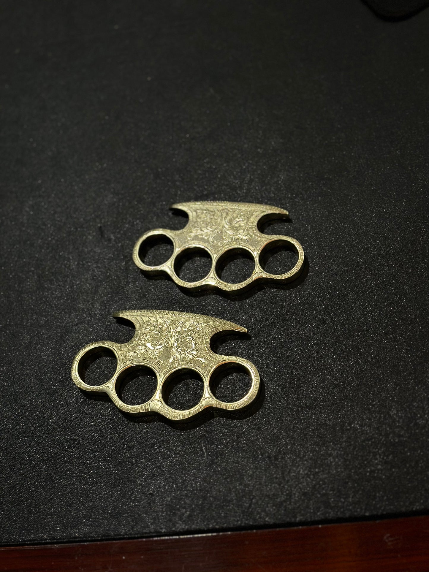 Unique solid brass self-defense knuckle with custom engraving and stylish leather case