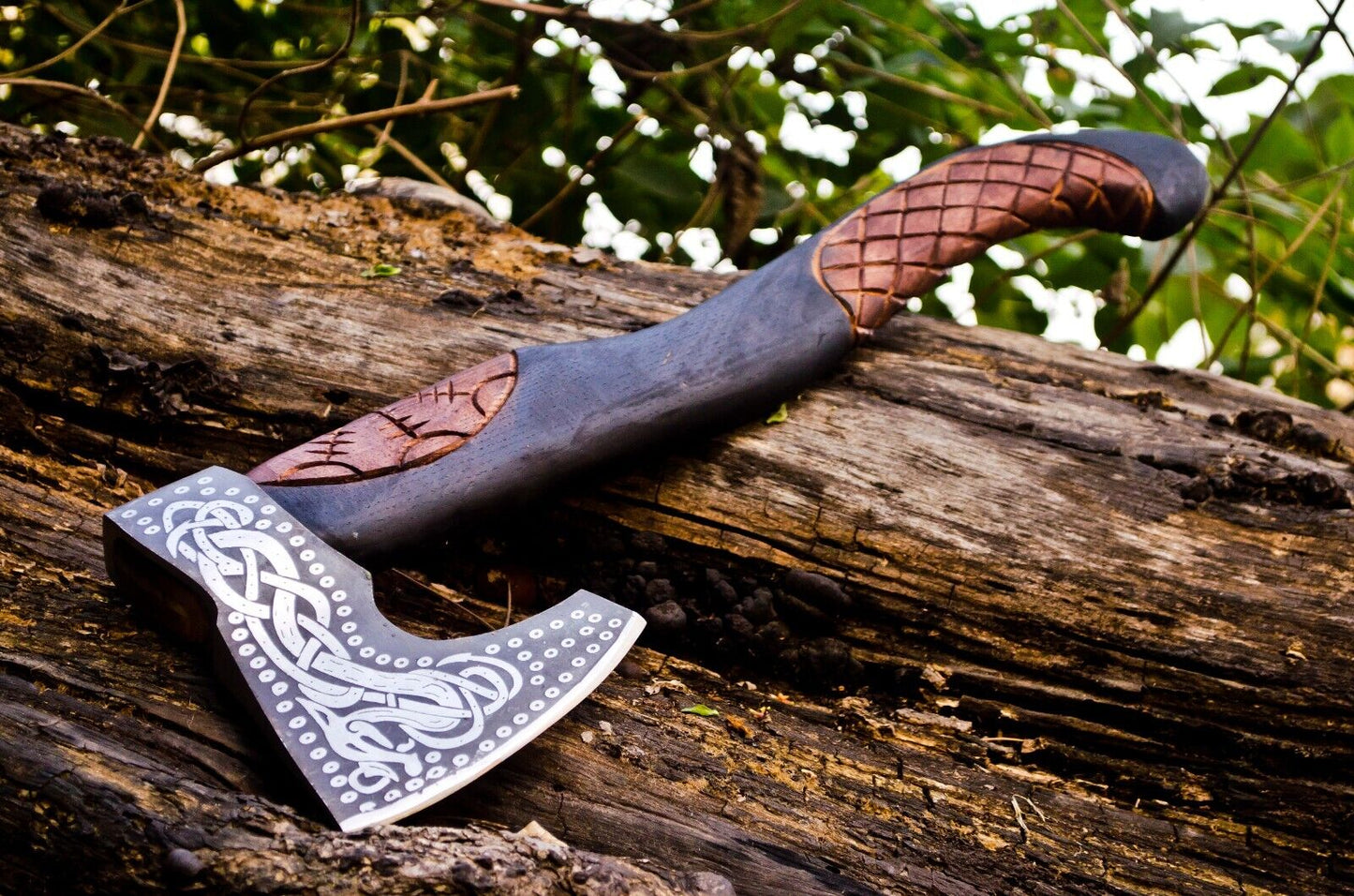 Viking axe with leather sheath and ergonomic grip, perfect for collectors and enthusiasts