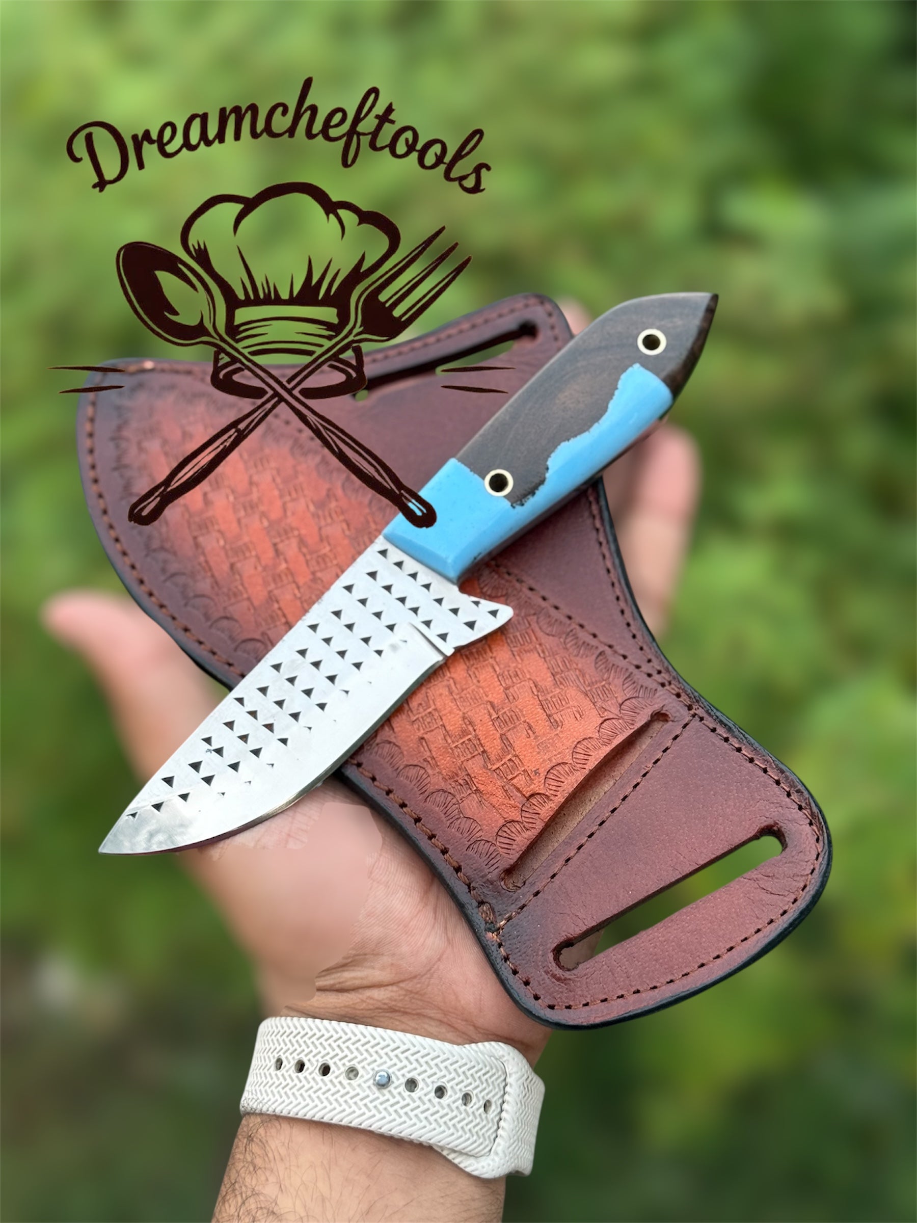 Western Knife with Sheath – 8" Handmade Rasp Tool Steel Blade with Resin & Rosewood Handle