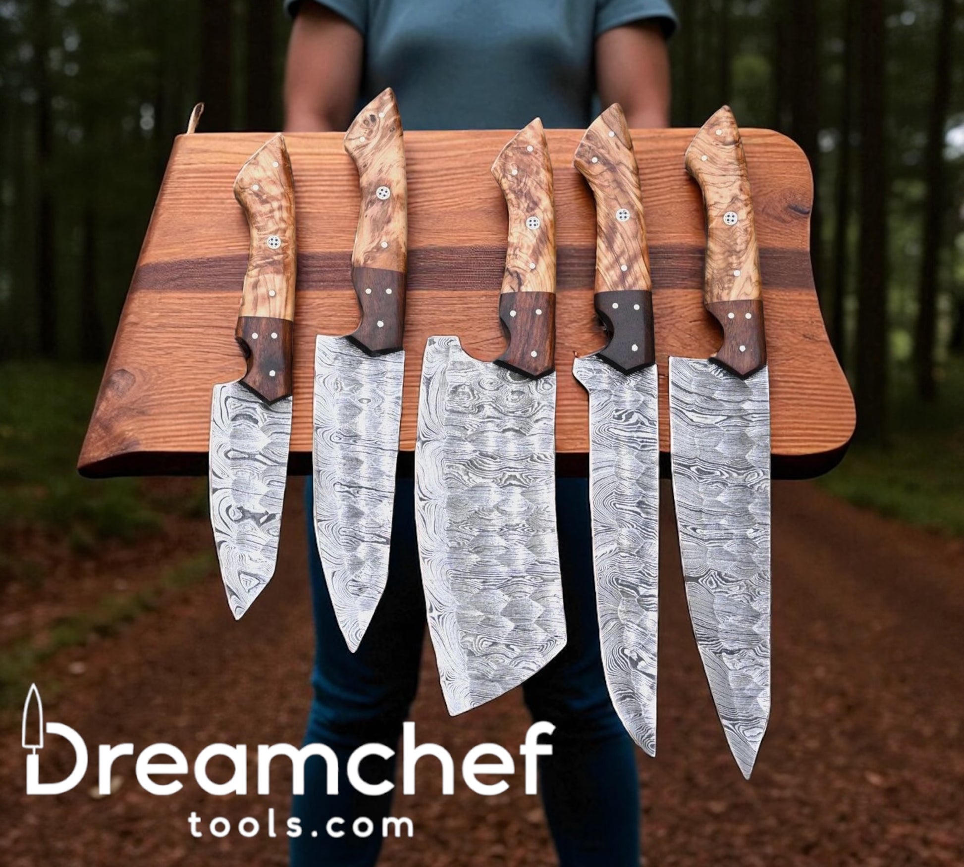 Damascus Cooking Knife Set – 13” Handmade Chef Knife with Olive Wood & Rosewood Handle, Steel Bolster & Leather Sheath