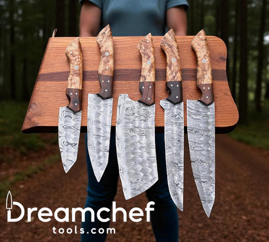 Damascus Cooking Knife Set – 13” Handmade Chef Knife with Olive Wood & Rosewood Handle, Steel Bolster & Leather Sheath