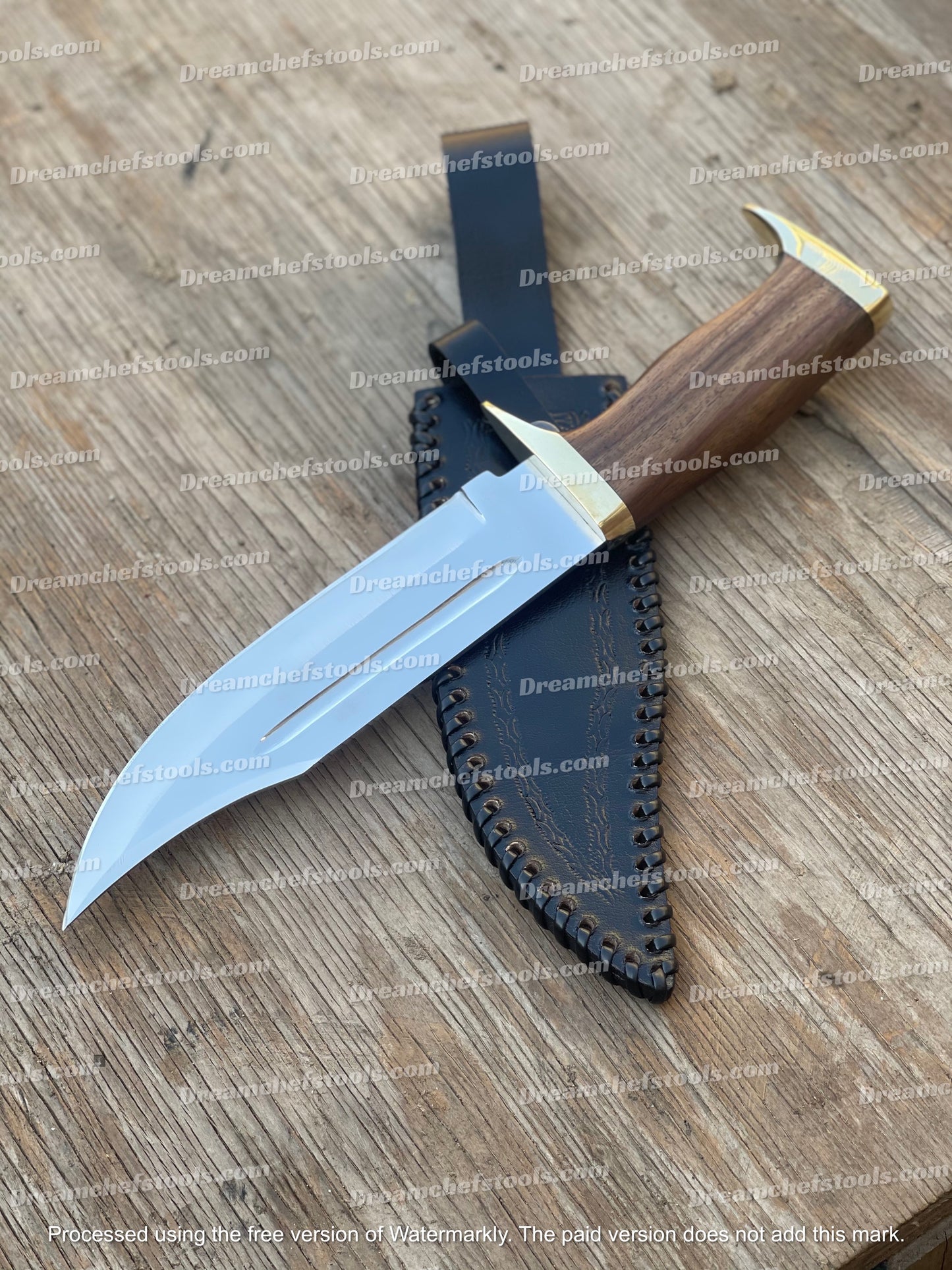 handmade 13-inch D2 steel hunting Bowie knife with an olive wood handle, brass guard, and a beautiful leather sheath