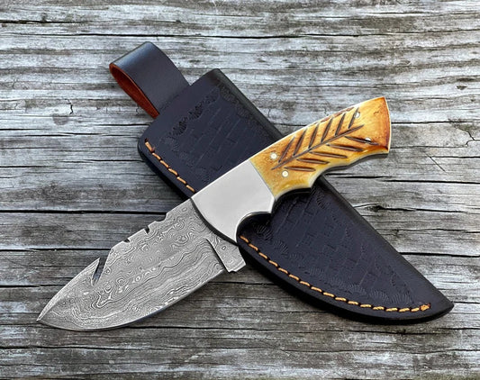 HUNTING KNIFE, PERSONALIZED DAMASCUS STEEL FIXED BLADE KNIFE BURNT CAMEL BONE HANDLE