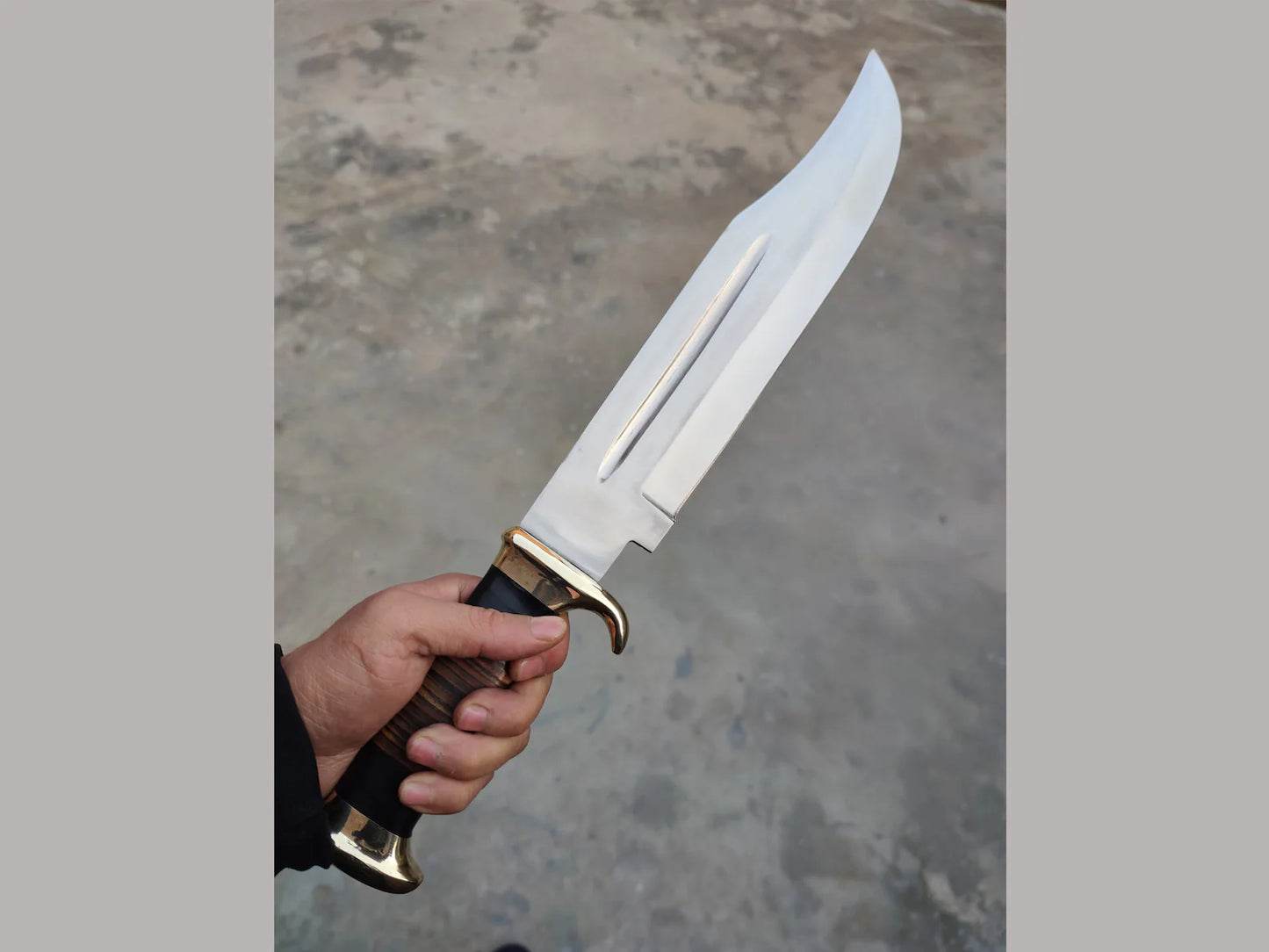 Handmade J2 Steel Crocodile Dundee Bowie Knife – 16” Survival Blade with Buffalo Horn & Leather Handle + Brass Guard & Sheath