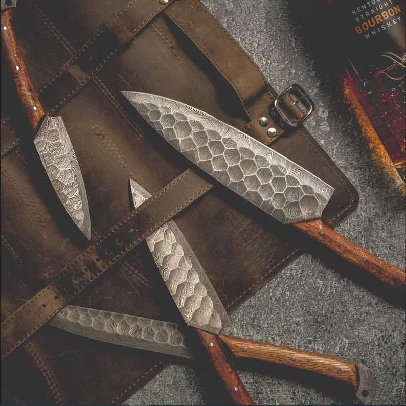 Custom Handmade Damascus Kitchen Knives Set with Rosewood Handles and Leather Roll Kit