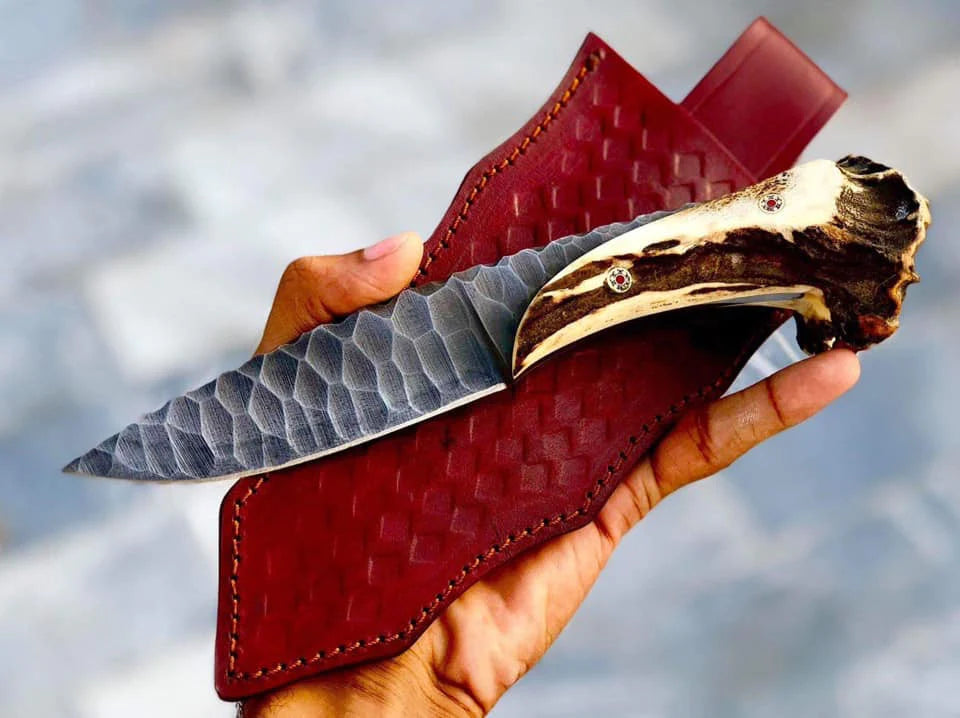 CUSTOM HANDMADE 1095 STEEL STAG HORN KNIFE WITH LEATHER SHEATH