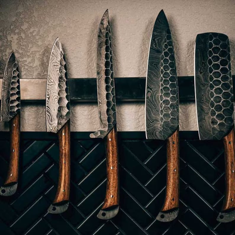 Custom Handmade Damascus Kitchen Knives Set with Rosewood Handles and Leather Roll Kit