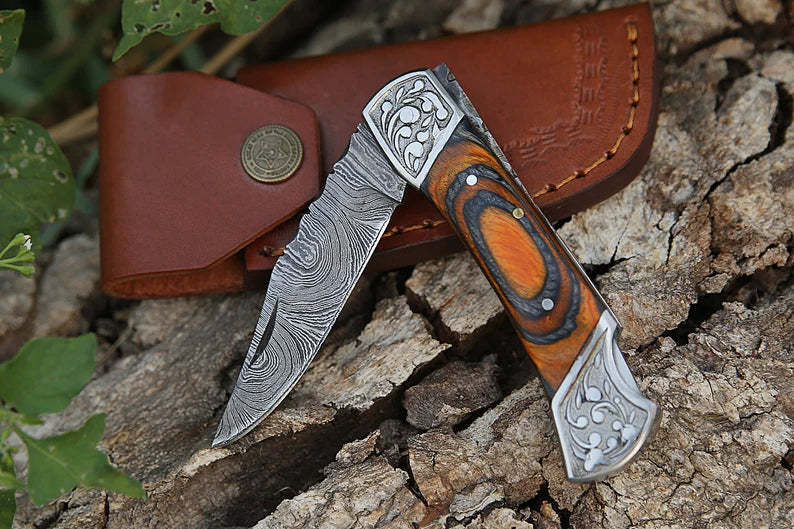 Custom Handmade Damascus Steel Pocket Knife – 7” with Pakkawood Handle & Engraved Bolster | Leather Sheath