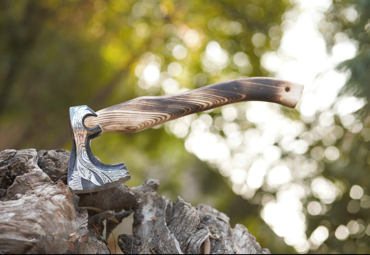 Custom Handmade Engraved Viking Axe with D2 Steel Blades and Ash Wood Handle, Includes Leather Sheath”