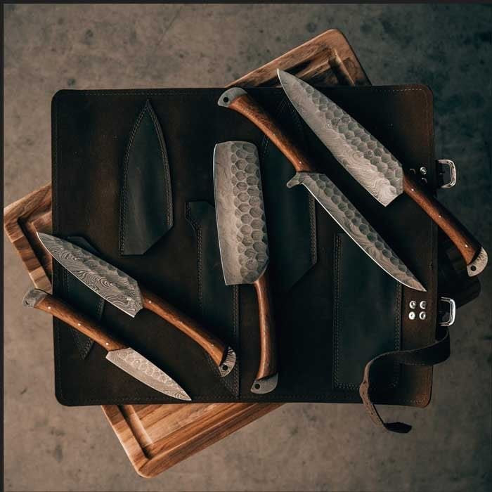 Custom Handmade Damascus Kitchen Knives Set with Rosewood Handles and Leather Roll Kit