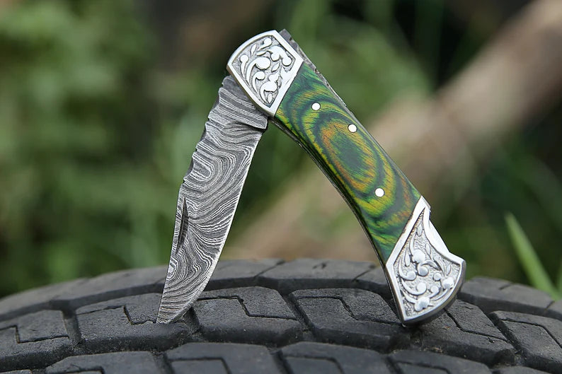 Custom Handmade Folding Pocket Knife – 7” Damascus Steel Blade with Engraved Bolster or Pakkawood Handle & Leather Sheath