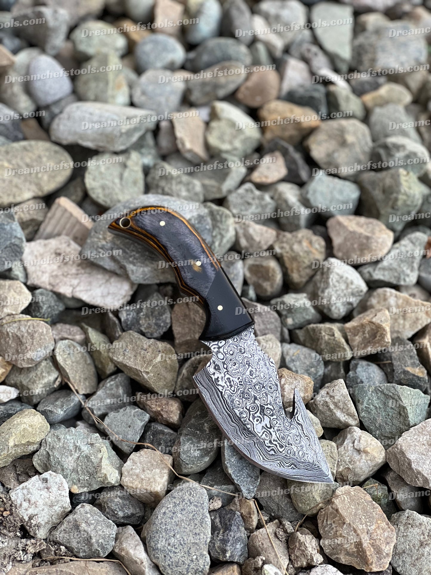 Custom handmade Damascus steel Guthook skinning knife