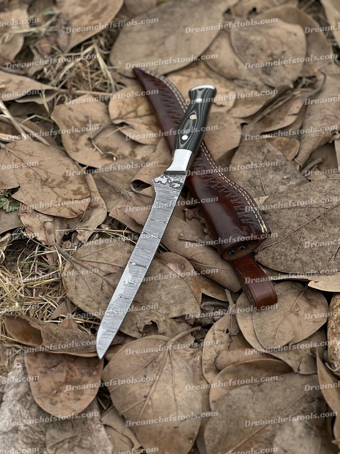 Custom Handmade Damascus Steel Fillet Knife – 13" G10 Handle with Leather Sheath | Premium Flexible Fillet Knife for Fishing & Kitchen