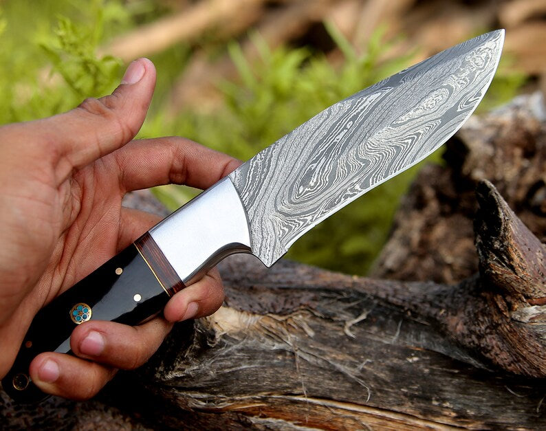 Custom Handmade Damascus Hunting Knife with Rosewood and Buffalo Horn Handle, Steel Bolster, 9" Blade, with Leather Sheath