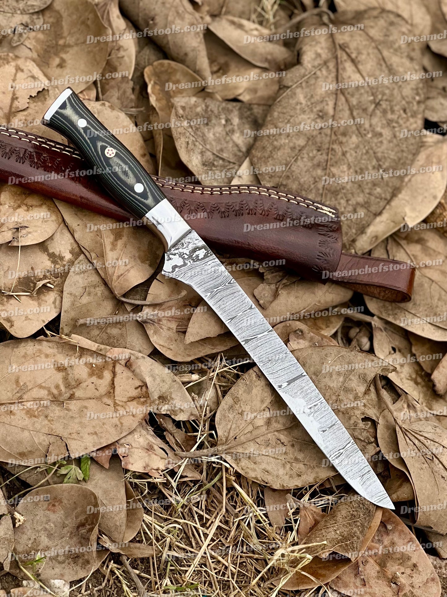 Custom Handmade Damascus Steel Fillet Knife – 13" G10 Handle with Leather Sheath | Premium Flexible Fillet Knife for Fishing & Kitchen