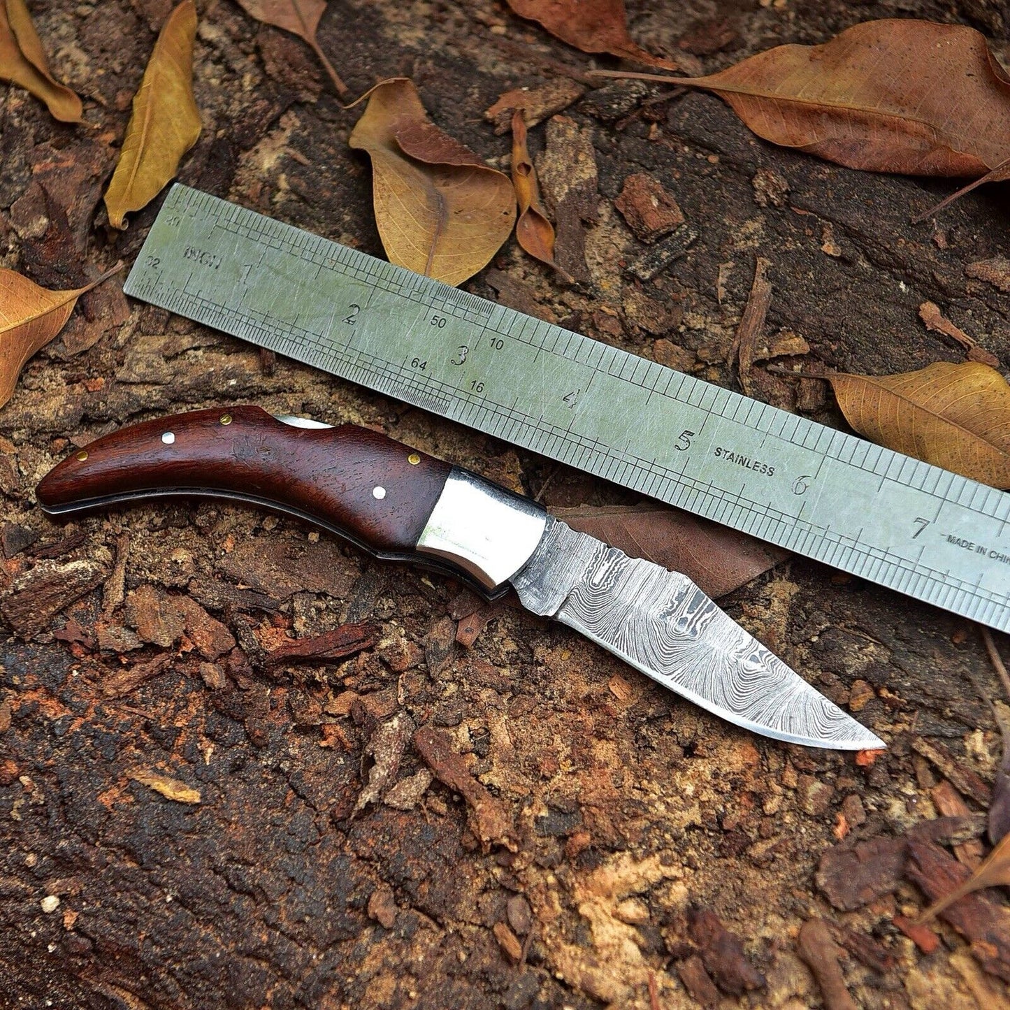 Fall Harvest Edition – Damascus Steel Pocket Knife | 4" EDC Rosewood Handle with Leather Carry Case