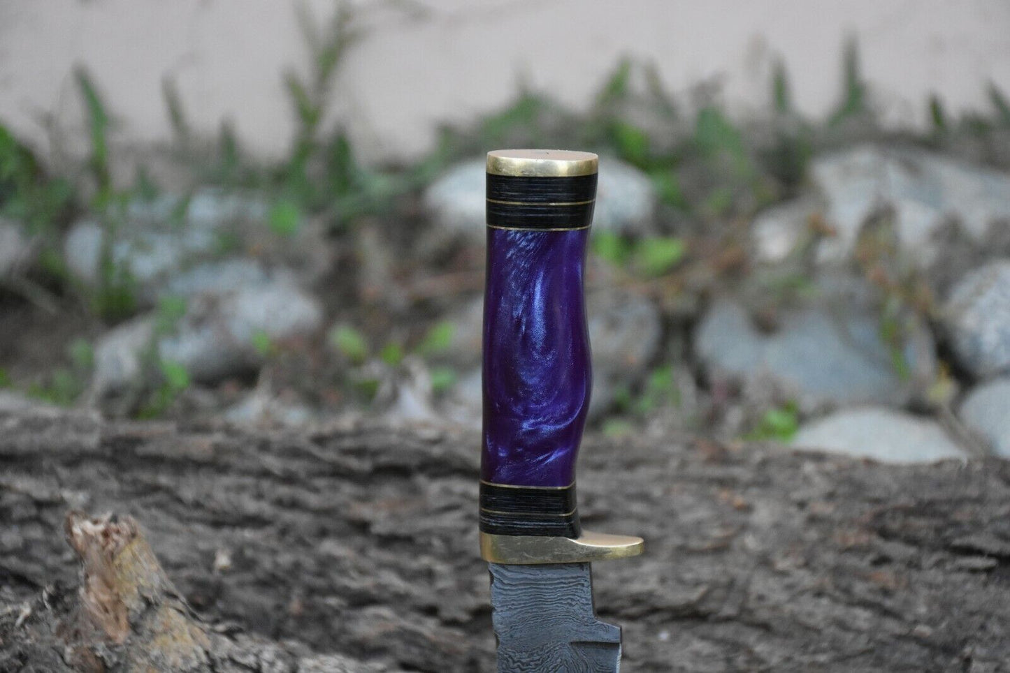 Custom Handmade 8" Damascus Steel Hunting Knife with Brass Guard and Resin Handle, Includes Leather Sheath