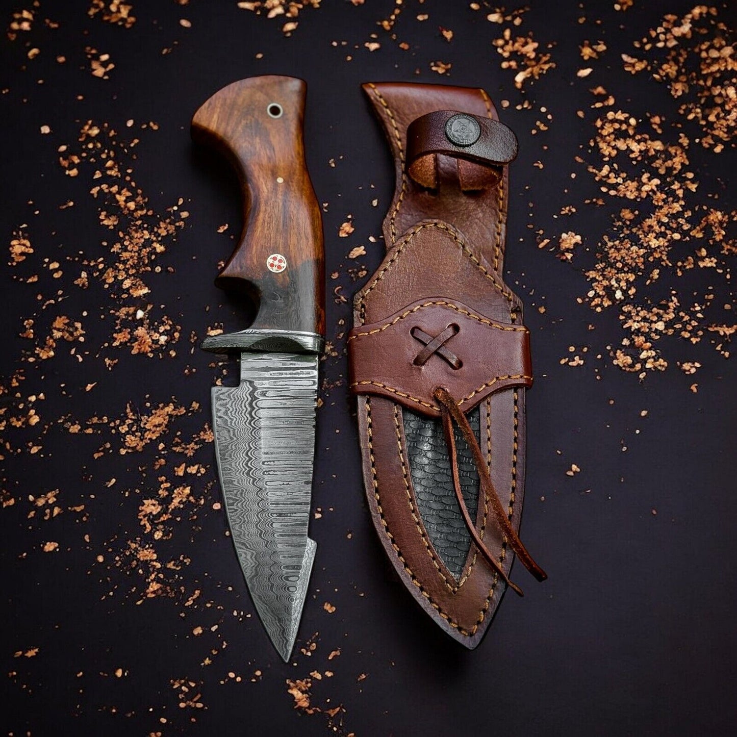 Custom Handmade Damascus Steel Bobcat Knife – 9-Inch Blade with Damascus Steel Guard & Rosewood Handle, Includes Leather Sheath