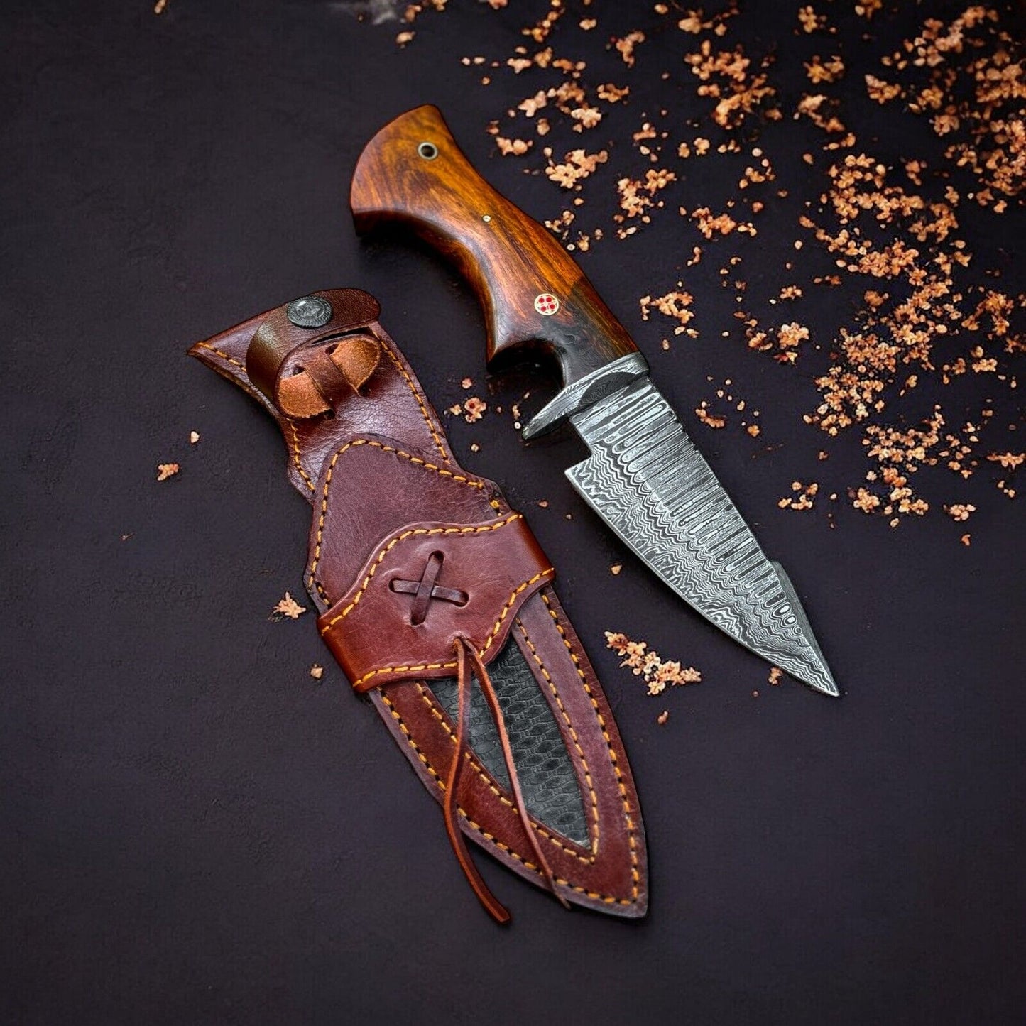 Custom Handmade Damascus Steel Bobcat Knife – 9-Inch Blade with Damascus Steel Guard & Rosewood Handle, Includes Leather Sheath