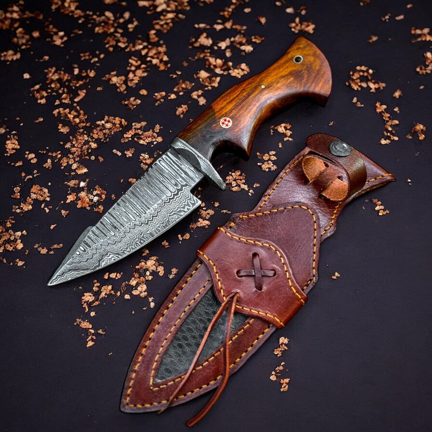 Custom Handmade Damascus Steel Bobcat Knife – 9-Inch Blade with Damascus Steel Guard & Rosewood Handle, Includes Leather Sheath