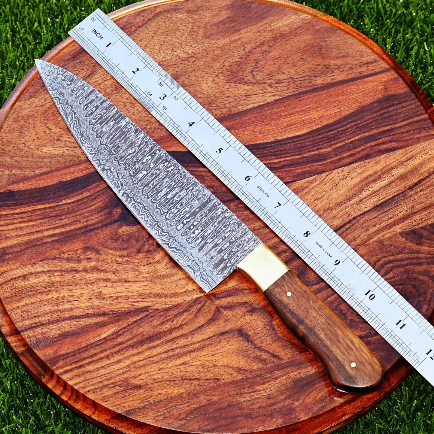 Custom Handmade 13" Damascus Steel Chef Knife with Brass Bolster and Rosewood Handle | Includes Leather Sheath