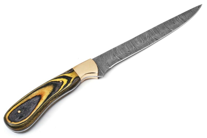 12-inch Custom Handmade Damascus Fillet Knife with Pakka wood handle and brass bolster, displayed with a leather sheath