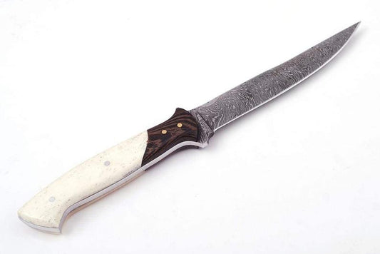 12-inch Custom Handmade Damascus Fillet Knife with a bone and exotic wood handle, brass bolster, and leather sheath