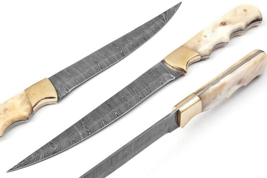 12-inch Custom Handmade Damascus Fillet Knife with camel bone handle and brass bolster, featuring a leather sheath