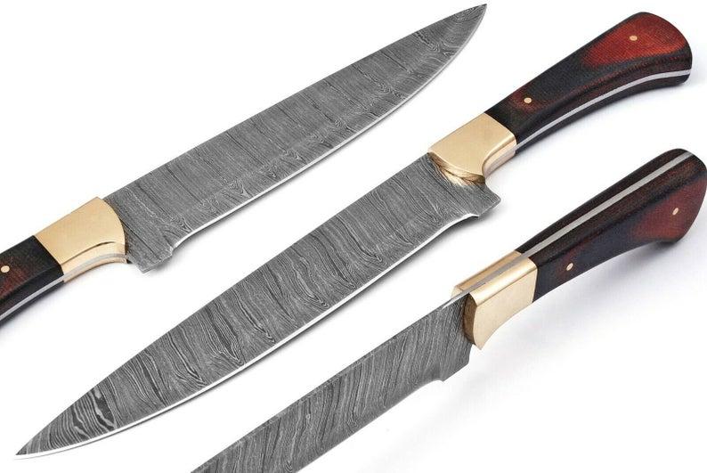 12-inch Custom Handmade Damascus Fillet Knife with exotic wood handle and brass bolster, displayed with a leather sheath