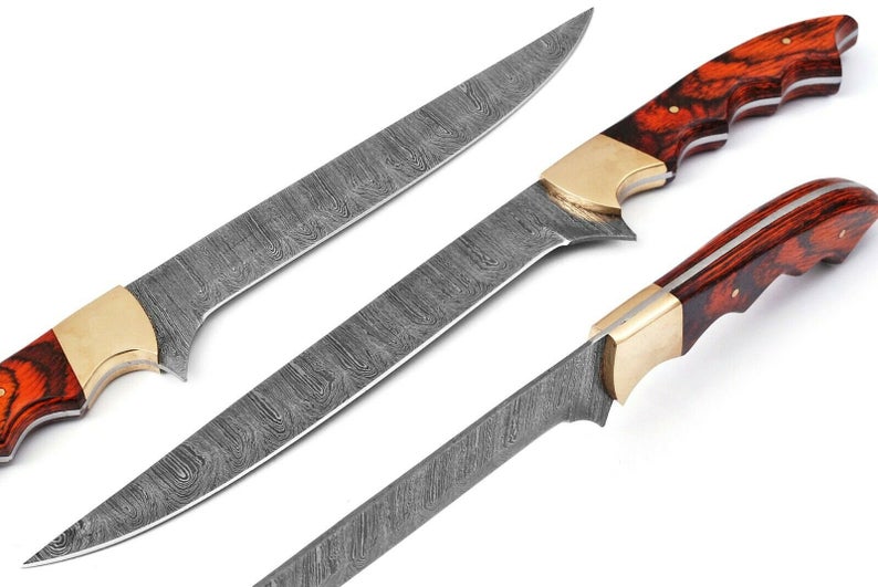 12-inch Custom Handmade Damascus Fillet Knife with exotic wood handle and brass bolster, featuring a leather sheath